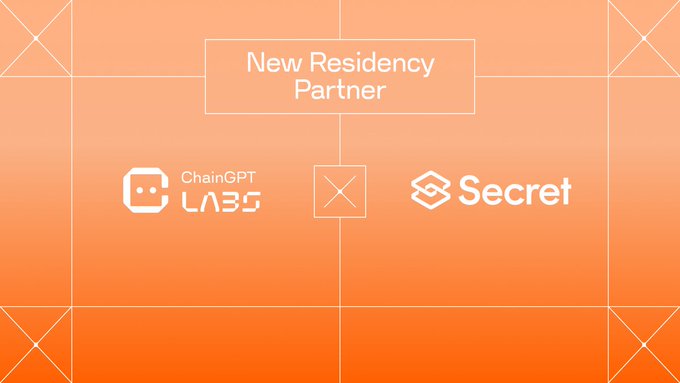 An orange-gradient announcement graphic titled "New Residency Partner" featuring the ChainGPT Labs and Secret Network logos separated by an "X" symbol, visually promoting a partnership between ChainGPT Labs' incubator program and Secret Network, which provides privacy-focused AI infrastructure and compute credits to qualifying residency teams.