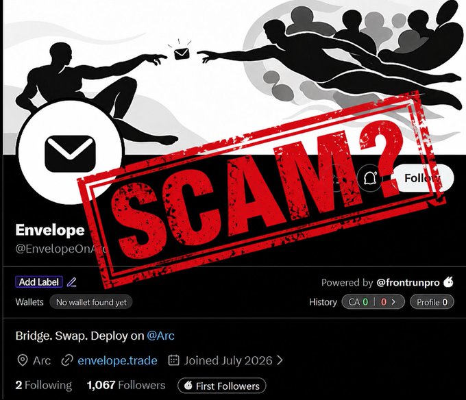 A social media profile page for 'Envelope' (@EnvelopeOnArc) displays a large red 'SCAM?' stamp over its artwork, with stats showing 1,067 followers.