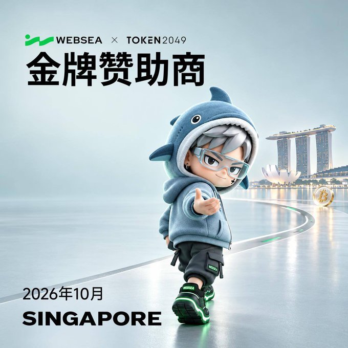 A promotional graphic for WEBSEA x TOKEN2049 as a Gold Sponsor, featuring a chibi character in a shark hoodie with the Singapore Marina Bay Sands in the background, dated October 2026.