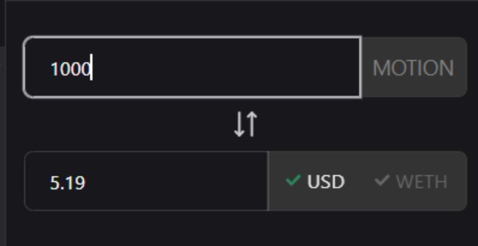 A dark-themed cryptocurrency exchange interface showing an input field with '1000' and a MOTION token selector, with the converted value displayed as 5.19 USD below.