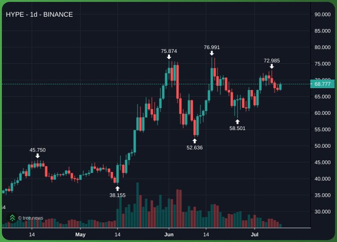 The image shows a daily candlestick chart for HYPE on Binance, with key price levels marked at 38.155, 45.750, 52.636, 58.501, 72.985, 75.874, and 76.991, currently trading around 68.777. This supports the post's bullish sentiment, as the chart displays a clear higher-highs, higher-lows uptrend structure with the recent pullback still holding above prior support levels near 58.50, reinforcing the claim that HYPE is positioned to rally toward $100.