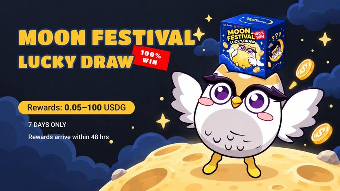 A promotional graphic for a 'MOON FESTIVAL LUCKY DRAW' offering rewards of 0.05-100 USDG, featuring a cartoon owl standing on a moon next to a product box and gold coins.