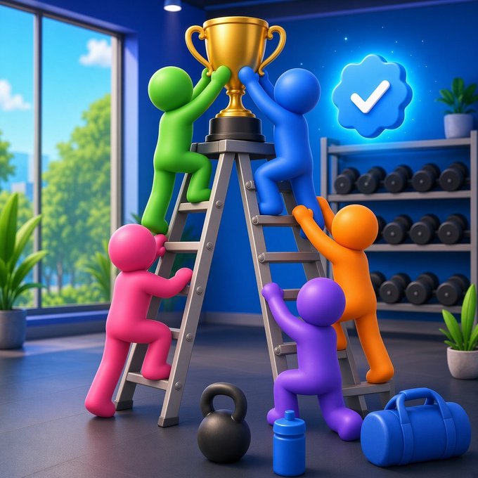 A 3D illustration of colorful, pill-shaped figures climbing ladders on either side of a large gold trophy in a gym setting, with a checkmark badge above.