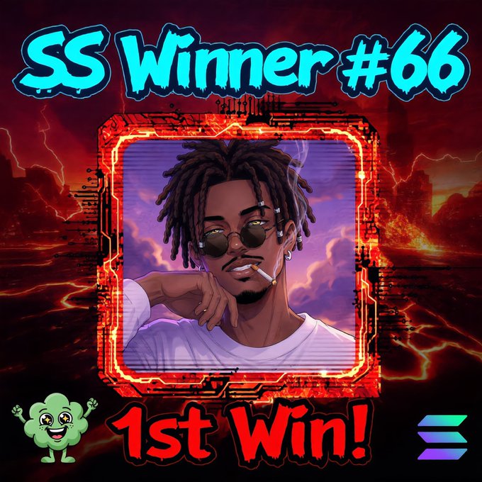A promotional graphic reading 'SS Winner #66' and '1st Win!' featuring an illustrated character with dreadlocks and sunglasses, alongside a Solana logo and a small green creature mascot.