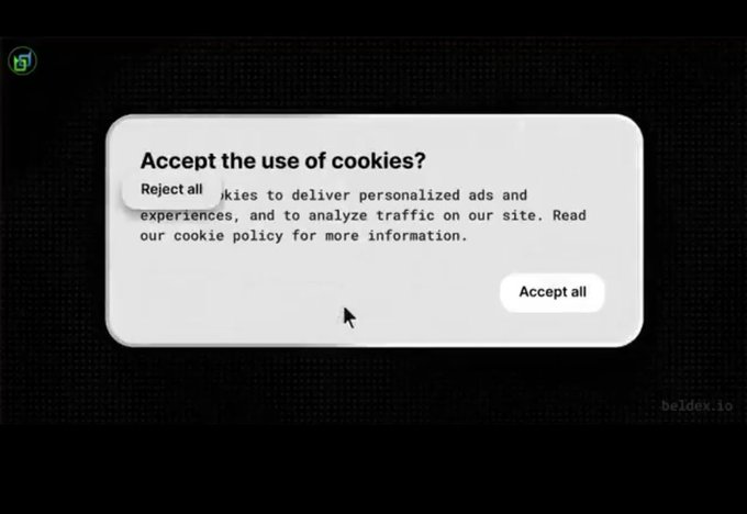 A website cookie consent dialog asks 'Accept the use of cookies?' with options to 'Reject all' or 'Accept all', displayed on a dark page from 'beldex.io'.