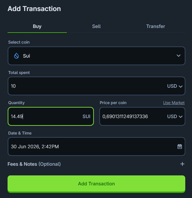 A cryptocurrency transaction interface for adding a buy order of Sui coin, showing 14.49 SUI at $0.6901311249137336 per coin, totaling 10 USD.