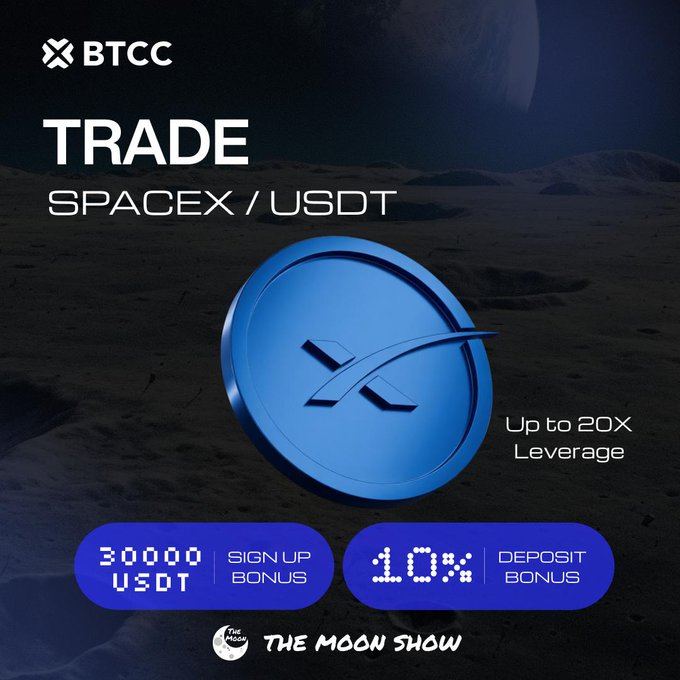 A BTCC cryptocurrency advertisement promotes 'TRADE SPACEX / USDT' with up to 20X leverage, offering a 30000 USDT sign-up bonus and 10% deposit bonus, themed 'THE MOON SHOW.'