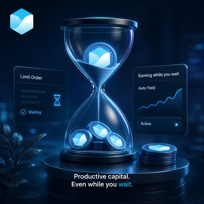 A digital illustration showing an hourglass with glowing coins, promoting 'Productive capital. Even while you wait' with Limit Order and Auto Yield features.