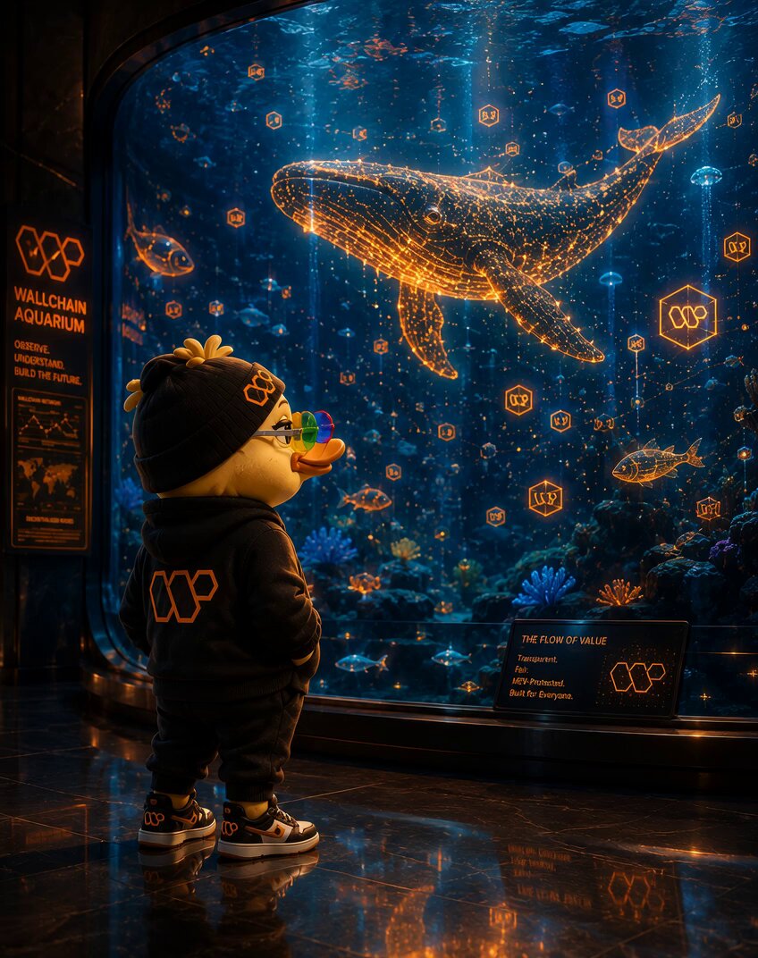 The image features a young boy wearing a black jacket with an orange logo standing inside an aquarium looking at a large whale through a glass wall. The boy appears to be fascinated by the whale, which has a glowing effect that adds a magical touch to the scene. The background of the image is filled with various fish and other marine life, creating a captivating underwater atmosphere.
