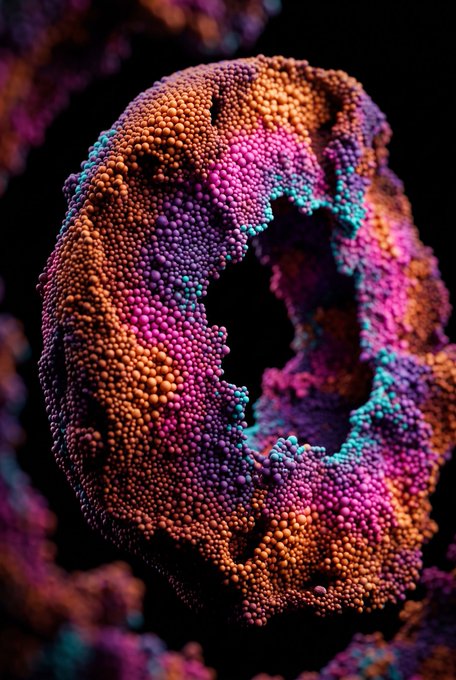 A close-up macro shot of a colorful, textured object resembling coral, with vibrant pinks, purples, oranges, and teals.