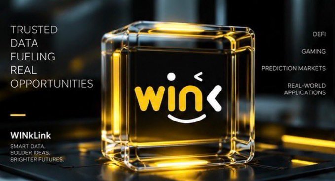 A glowing yellow "WIN" logo is encased in a translucent, illuminated cube on a dark background. The tagline reads "TRUSTED DATA FUELING REAL OPPORTUNITIES" alongside "WINkLink" with the motto "SMART DATA. BOLDER IDEAS. BRIGHTER FUTURES," highlighting its role in DeFi, gaming, prediction markets, and real-world applications—visually reinforcing the article's focus on Web3 data infrastructure.