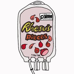 An illustration of an IV blood bag labeled 'Rhesus Pieces' in stylized text, with a 'Blood' certification sticker, containing red blood cell shapes and marked 'A Positive' at the bottom.
