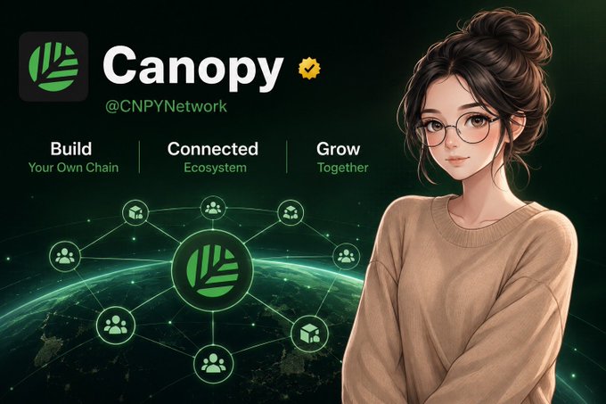 A promotional graphic for 'Canopy' (@CNPYNetwork) with an illustrated woman in glasses, featuring the tagline 'Build Your Own Chain', 'Connected Ecosystem', and 'Grow Together' above a green network diagram.