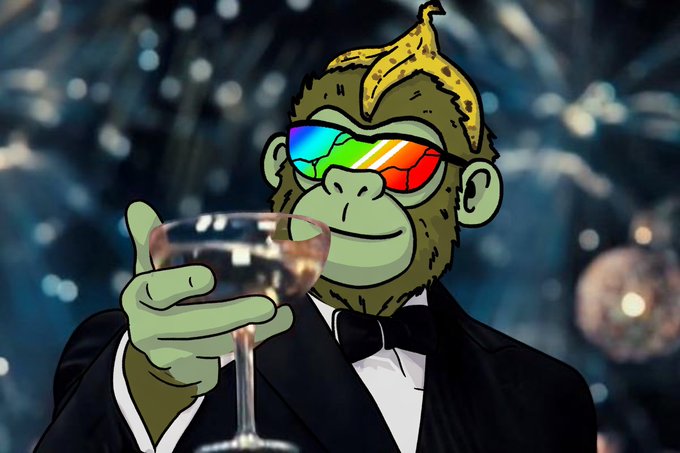 An illustrated cartoon of a monkey wearing rainbow sunglasses with a banana peel on its head, dressed in a tuxedo and holding a coupe glass, set against a disco-ball background.