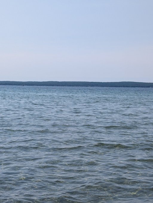 A photograph of a calm body of water with gentle ripples, looking toward a distant dark forested shoreline under a hazy, pale blue sky.