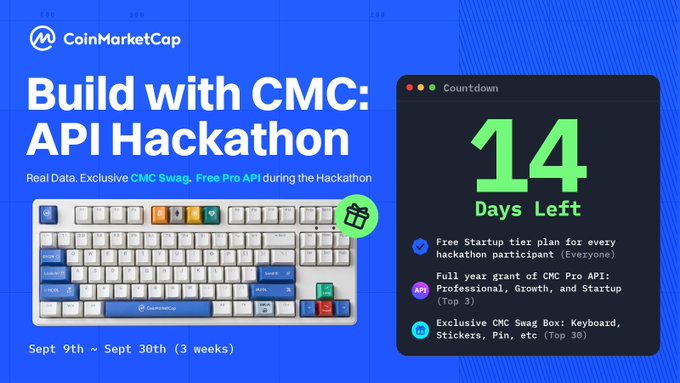 A CoinMarketCap promotional graphic for the "Build with CMC: API Hackathon" running Sept. 9th–30th, featuring a custom keyboard with a green gift box and a countdown panel showing "14 Days Left." The image highlights hackathon perks—free Startup-tier API access, a 1-year CMC Pro API grant for the top 3, and exclusive swag for the top 30—directly aligning with the post's call to register for free, high-credit API access.