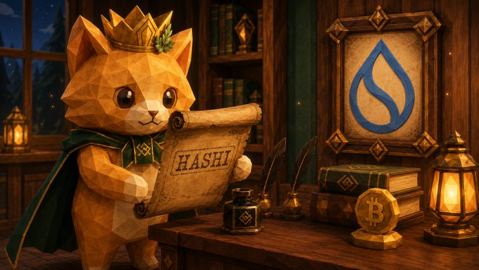 A whimsical digital illustration of a crowned, low-poly style orange cat wearing a green cape, holding a scroll labeled 'HASHI,' with a Sui (SUI) logo displayed nearby and a Bitcoin coin on the desk.
