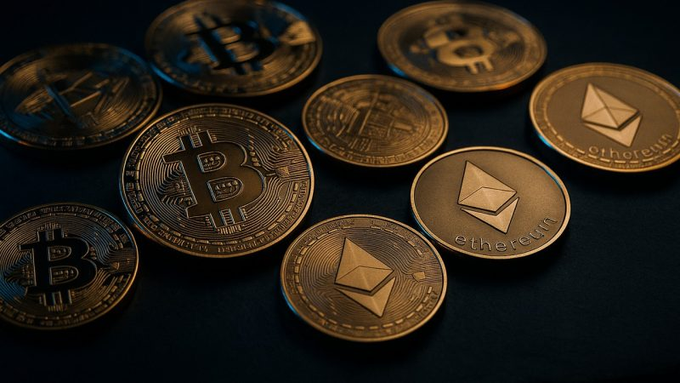 Several gold-colored physical cryptocurrency tokens (Bitcoin and Ethereum) arranged on a dark surface, with the distinctive B and Ethereum diamond logos visible.