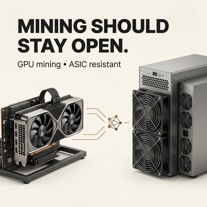 A cryptocurrency advertisement with bold text reading "MINING SHOULD STAY OPEN." and "GPU mining / ASIC resistant," showing GPU hardware on the left connected to ASIC mining rigs on the right via a network symbol.