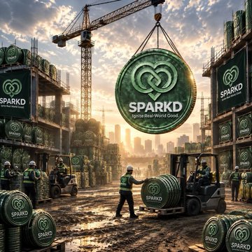 Conceptual image of "SPARKD - Trust Your World Order" showing construction workers, cranes, and large coin logos at a building site.