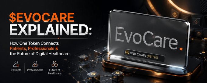 A promotional banner titled '$EVOCARE EXPLAINED:' about how the EvoCare token connects patients, professionals, and the future of digital healthcare on BNB Chain (BEP20).