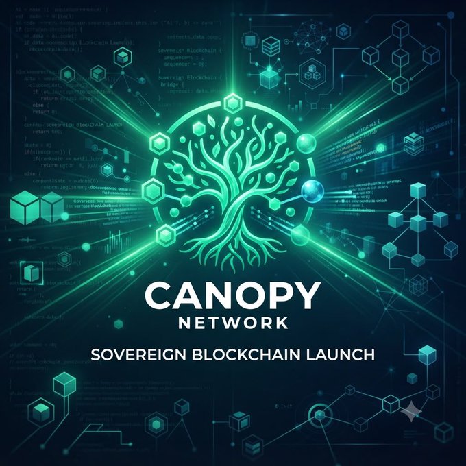 Canopy Network promotional graphic announcing a 'Sovereign Blockchain Launch,' featuring a glowing green tree icon surrounded by blockchain code and cube imagery.