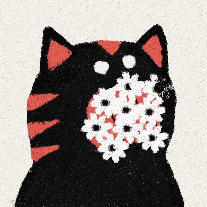 An artistic illustration of a black cat with red ears and stripes holding a cluster of white daisies with black centers against a light background.