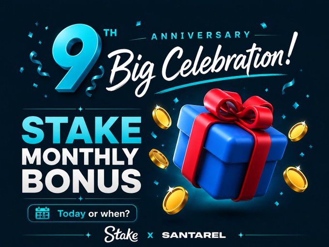 The image is a celebratory promotional graphic for Stake and Santarel's "9th Anniversary Big Celebration," featuring a blue gift box with a red ribbon and gold coins on a dark blue background, advertising a "Stake Monthly Bonus." It invites viewers to guess whether the bonus will launch "Today or when?" — tying into the post's contest where one correct guesser wins a surprise prize.