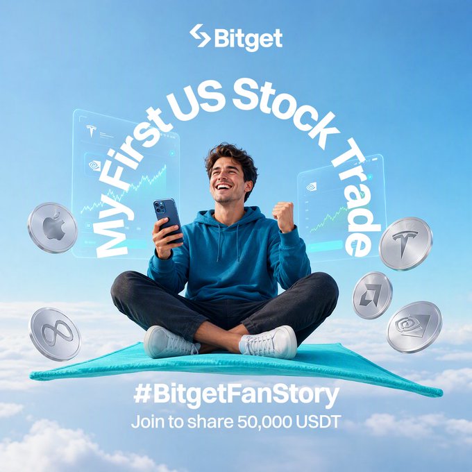 A young man in a blue hoodie sits cross-legged on a floating magic carpet above the clouds, celebrating his first U.S. stock trade on Bitget with a fist pump while holding his phone, surrounded by floating coins featuring logos like Apple, Meta, Tesla, and Bitget. The image ties to the post's "Chapter 2" prompt by visually capturing the excitement of a user's inaugural rToken or Stock Perps trade, as part of the #BitgetFanStory campaign offering 50,000 USDT in prizes.