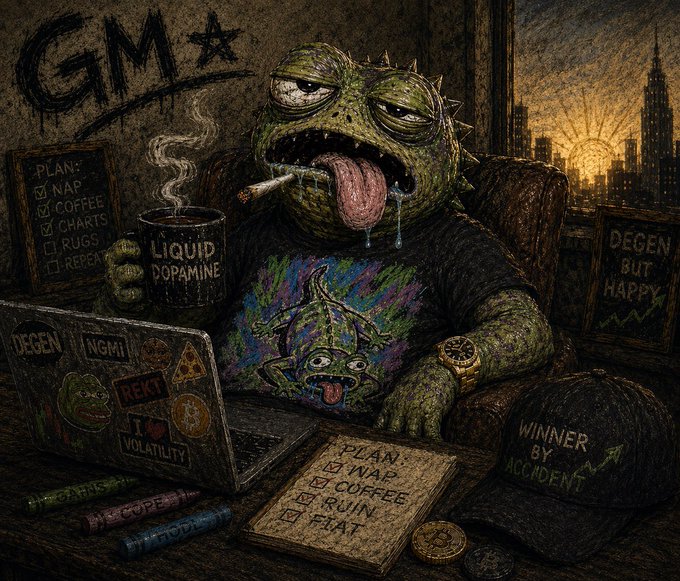 A weary, drooling Pepe the Frog creature sits slouched in a chair, smoking and sipping from a mug labeled "LIQUID DOPAMINE" while wearing a t-shirt featuring another Pepe. Surrounding elements include a laptop covered in stickers (e.g., "DEGEN," "REKT," "I ❤️ VOLATILITY"), a checklist reading "PLAN: ☑ NAP, ☑ COFFEE, ☑ CHARTS, ☑ RUGS, ☑ REPEAT," a cap reading "WINNER BY ACCIDENT," and another sign reading "DEGEN BUT HAPPY" with "GM ☆" graffitied on the wall — a satirical depiction of an exhausted crypto/coded-meme lifestyle that mirrors the post's "Good morning world" and "Solid hands only" $LAZI sentiment by embodying the chaotic, self-deprecating humor of memecoin communities.