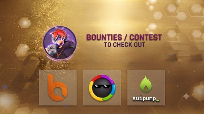 A golden promotional graphic titled 'BOUNTIES / CONTEST TO CHECK OUT' featuring three platform logos: BitBoy, another colorful circular logo, and Suipump.