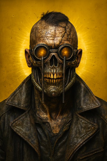 A post-apocalyptic digital illustration of a ghoul-like figure with a mohawk, wearing amber-tinted goggles, a respirator, and a worn leather jacket against a yellow background.