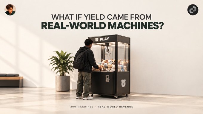 Promotional image for a 'PLAY' claw machine project featuring the text 'WHAT IF YIELD CAME FROM REAL-WORLD MACHINES?' and '200 MACHINES · REAL-WORLD REVENUE', showing a person operating a stuffed animal machine.