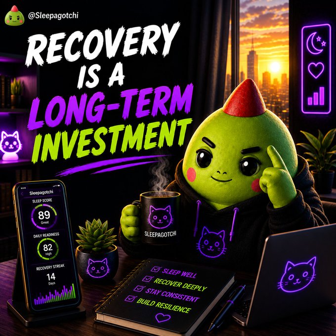 A promotional graphic for "@Sleepagotchi" featuring a green cone-headed character holding a "SLEEPAGOTCHI" mug, with text "RECOVERY IS A LONG-TERM INVESTMENT" and a sleep-tracking app displaying scores of 89 and 82 next to a checklist of recovery habits.