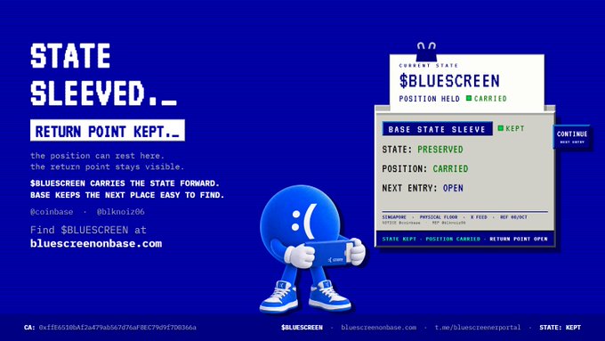 A digital graphic with text 'STATE SLEEVED' and 'RETURN POINT KEPT' explains that '$BLUESCREEN carries the state forward,' featuring an illustration of a blue round character.