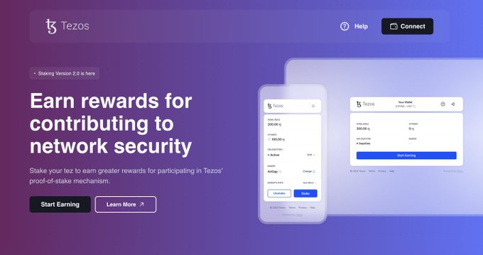 A website screenshot for Tezos featuring the headline 'Earn rewards for contributing to network security' about Staking Version 2.0, with 'Start Earning' and 'Learn More' buttons alongside mobile and desktop interface mockups.