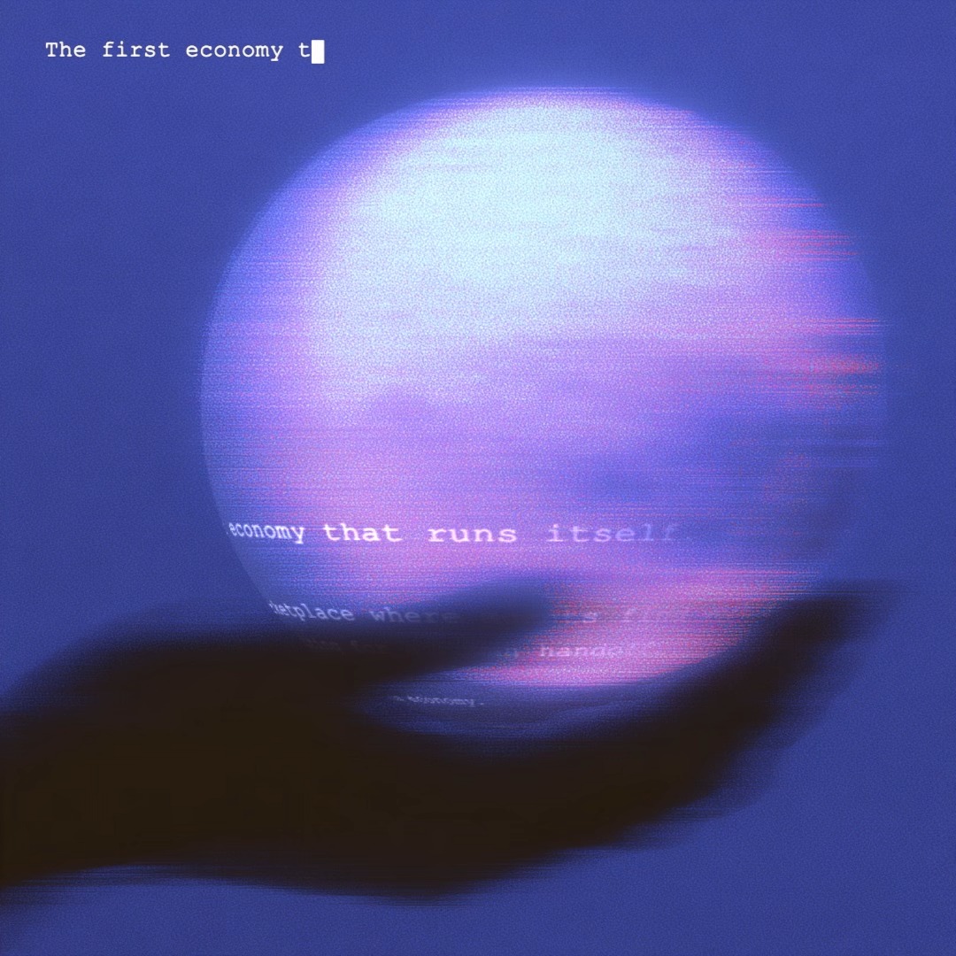 A glowing purple and pink sphere rests in a silhouetted hand against a deep blue background, with glitchy text reading "The first economy t..." and "economy that runs itself," suggesting a digital or cryptocurrency concept tied to notifications.