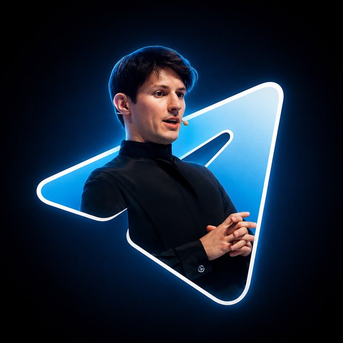 A portrait-style photo of Pavel Durov (Telegram founder) in a black shirt against a dark background, with a glowing blue neon Telegram paper plane logo behind him.