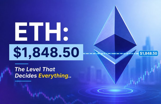 A crypto-themed graphic featuring the Ethereum logo over a blue cityscape with chart lines, displaying "ETH: $1,848.50" and the tagline "The Level That Decides Everything.." — visually reinforcing the post's focus on Ethereum's critical $1,848.50 price threshold.