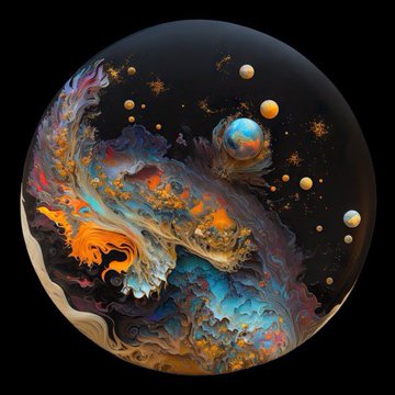 A spherical abstract artwork displaying vibrant swirls of blue, gold, and purple against a dark background with small golden orbs floating in the space.