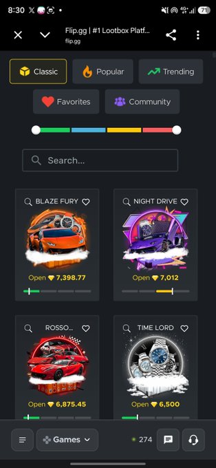 A screenshot from the Flip.gg lootbox platform displays four available loot boxes labeled "BLAZE FURY" (7,398.77), "NIGHT DRIVE" (7,012), "ROSSO..." (6,875.45), and "TIME LORD" (6,500), showcasing various themed car-themed mystery boxes ready to be opened on the new day.