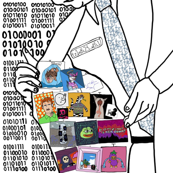 Black-and-white illustration of a suited figure pulling NFT tiles from inside their jacket, with the name 'tz1abc23...wfs1' on a name tag and binary code in the background.