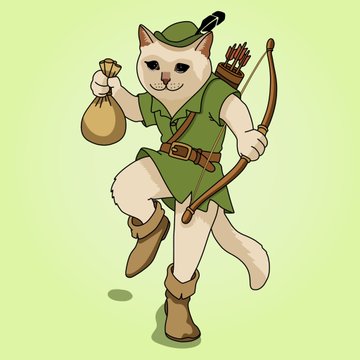 A cartoon cat dressed as a Robin Hood-style archer, wearing a green tunic, feathered cap, and boots, holds a bow in one hand and a sack of loot in the other, visually embodying the post's theme of $CASHCAT as a stealthy "bag hunter" ready to "catch" the next big crypto candlestick.