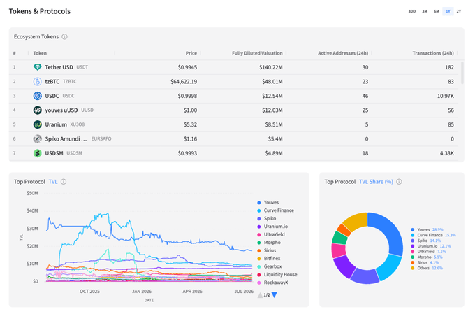 A screenshot of a 'Tokens & Protocols' dashboard listing ecosystem tokens like USDT, tzBTC, and USDC with their prices and valuations, alongside a line graph showing TVL (Total Value Locked) for protocols like Youves, Curve Finance, and Spiko.