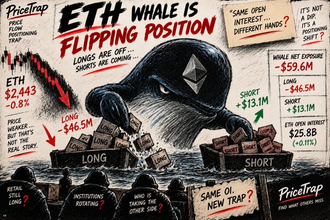 A PriceTrap infographic titled 'ETH WHALE IS FLIPPING POSITION' depicting a whale moving blocks from long to short positions, with ETH at $2,443 (-0.8%), long exposure -$46.5M, short exposure +$13.1M, and whale net exposure of -$59.6M.