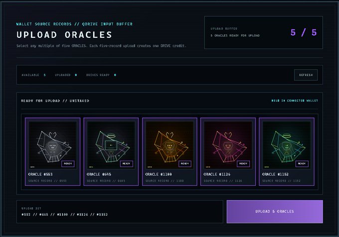 A digital interface titled "UPLOAD ORACLES" showing 5/5 oracles ready for upload, featuring neon-colored constellation-like graphics on a dark background.