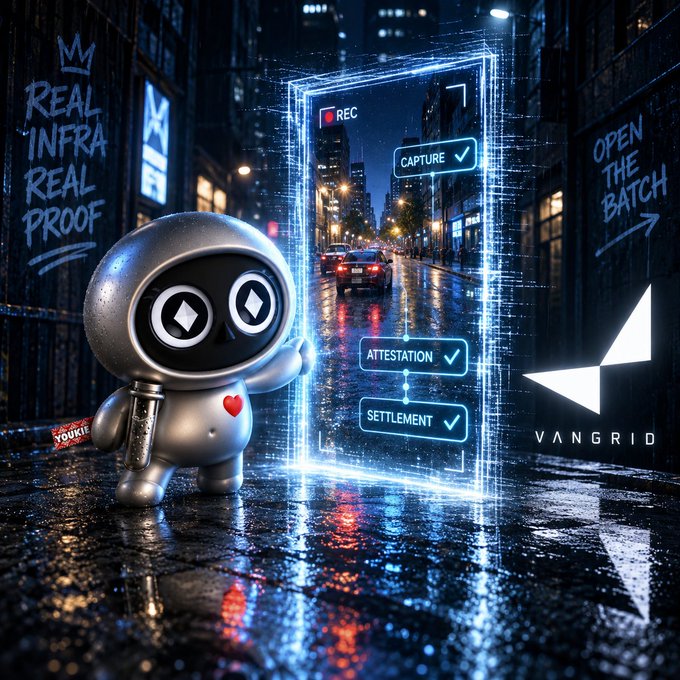 A stylized digital artwork features a silver robot-like figure standing on a wet city street next to a glowing holographic interface showing 'REC', 'CAPTURE ✓', 'ATTESTATION ✓', and 'SETTLEMENT ✓', with graffiti reading 'REAL INFRA REAL PROOF' on the left wall and 'OPEN THE BATCH' on the right, alongside the 'VANGRID' logo.