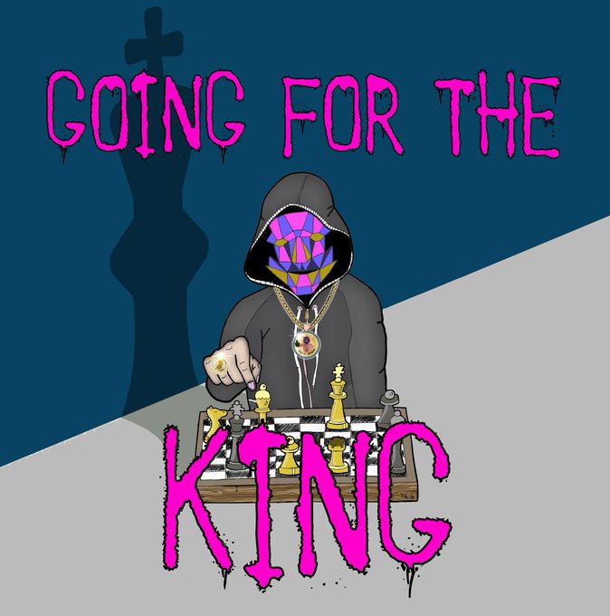 An illustrated graphic showing a hooded figure wearing a geometric mask playing chess, with the stylized pink text 'GOING FOR THE KING' framing the scene.