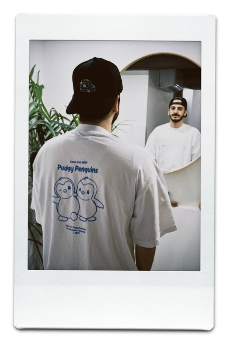 The image features two penguin drawings, one on each side of a man's back who appears to be wearing a white t-shirt with a penguin design. The text "sooo you mean @pudgypenguins won'airdrop me a pudgy nft." is written below the penguin designs. This message seems to be related to the post about Pudgy Penguins, as it uses humor and puns to convey its point.