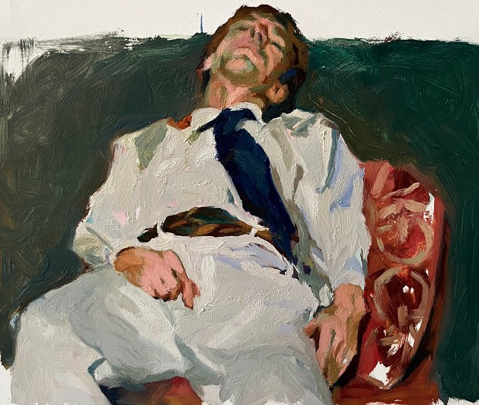 An oil painting in an impressionistic style showing a bearded man reclining, wearing a white shirt and a dark blue tie, set against a green background.